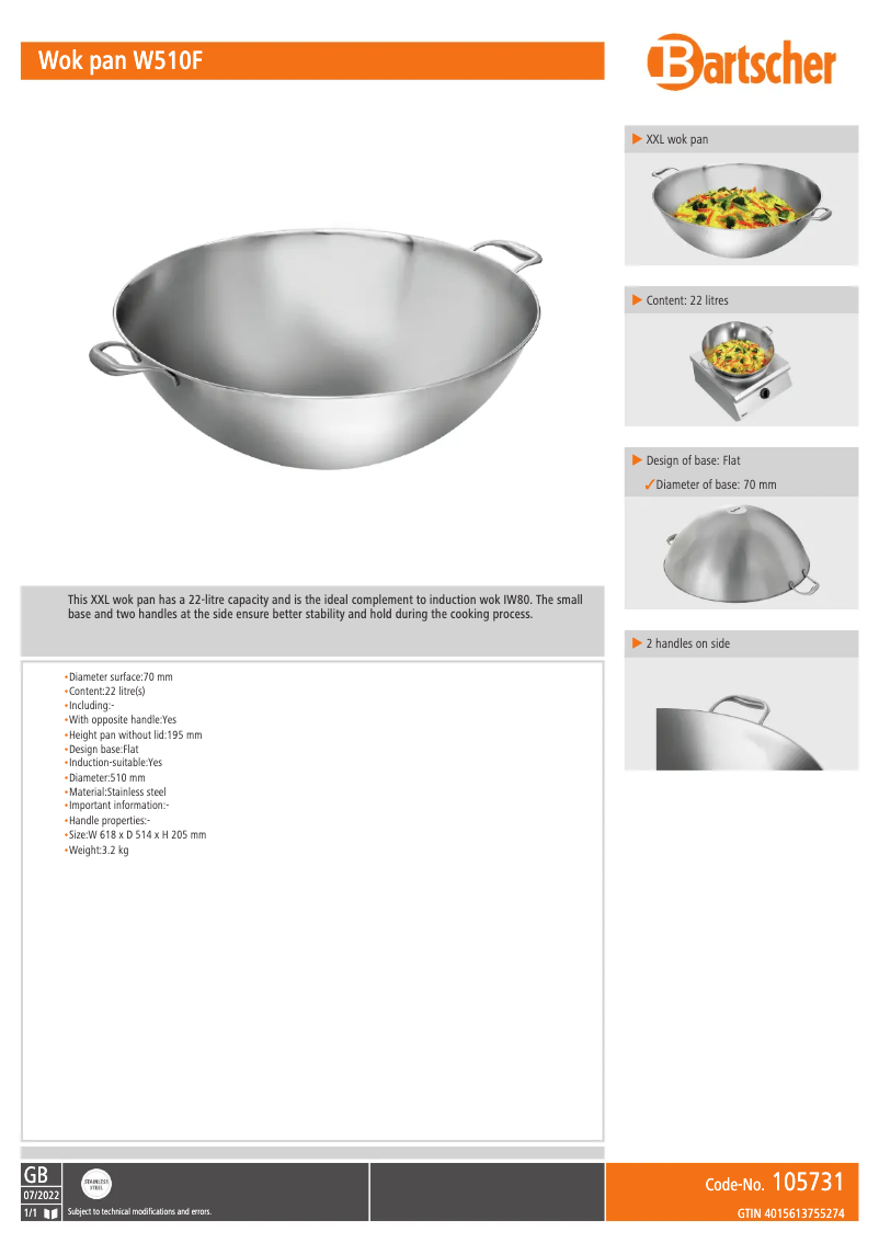 Page 1 de la notice Fiche technique Bartscher W510F