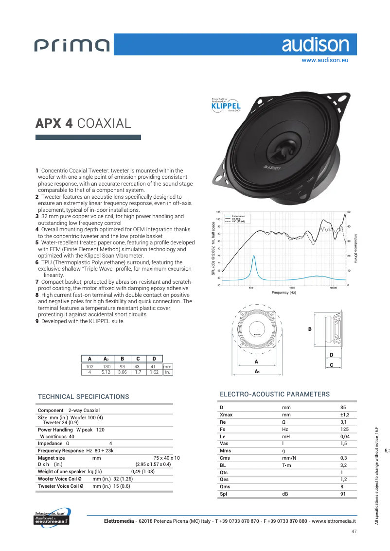 Page 1 de la notice Fiche technique Audison Prima APX 4