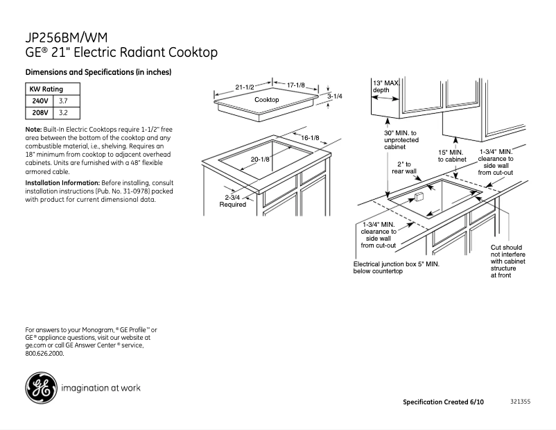 Página 1 del manual Ficha técnica GE JP256BMBB