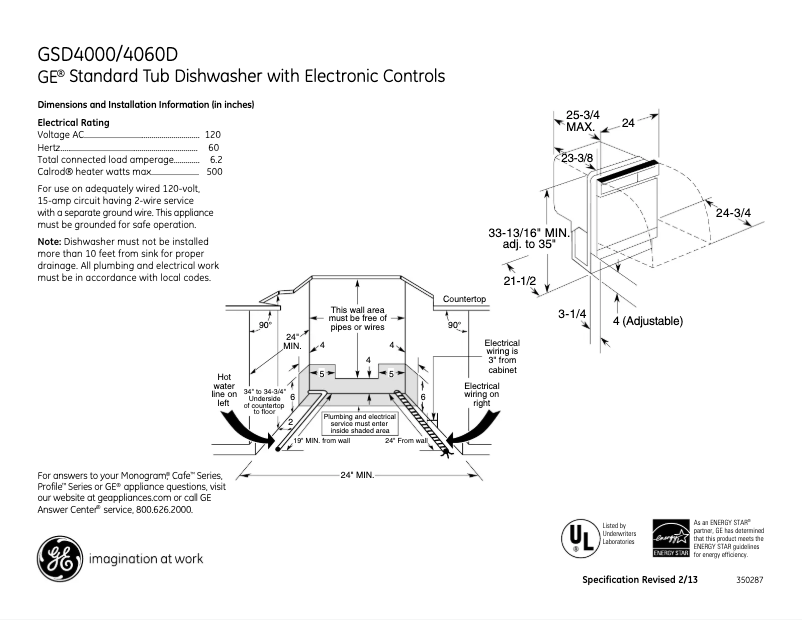 Page 1 of the manual Technical Sheet GE GSD4060DSS