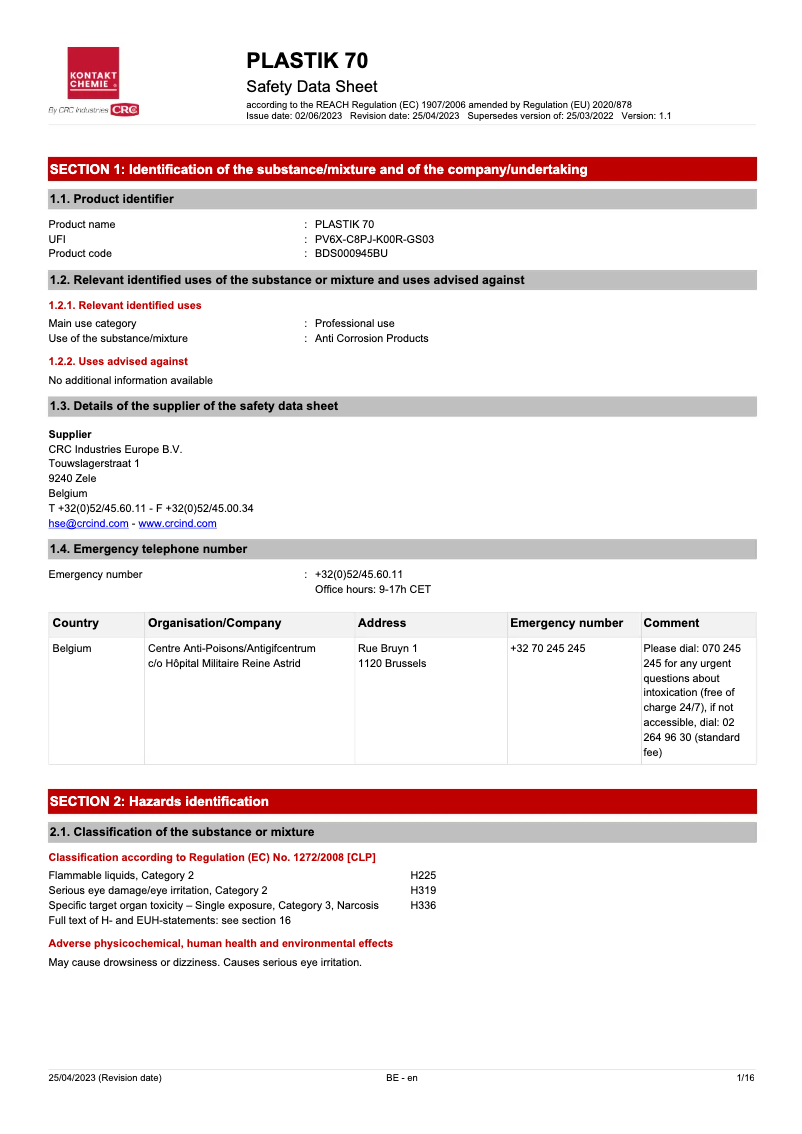 Page 1 de la notice Manuel utilisateur Kontakt Chemie Plastik 70