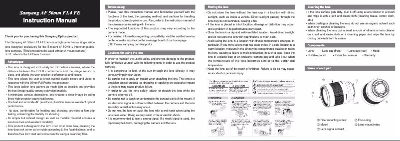 Page 1 de la notice Manuel utilisateur Samyang AF 50mm F1.4 FE