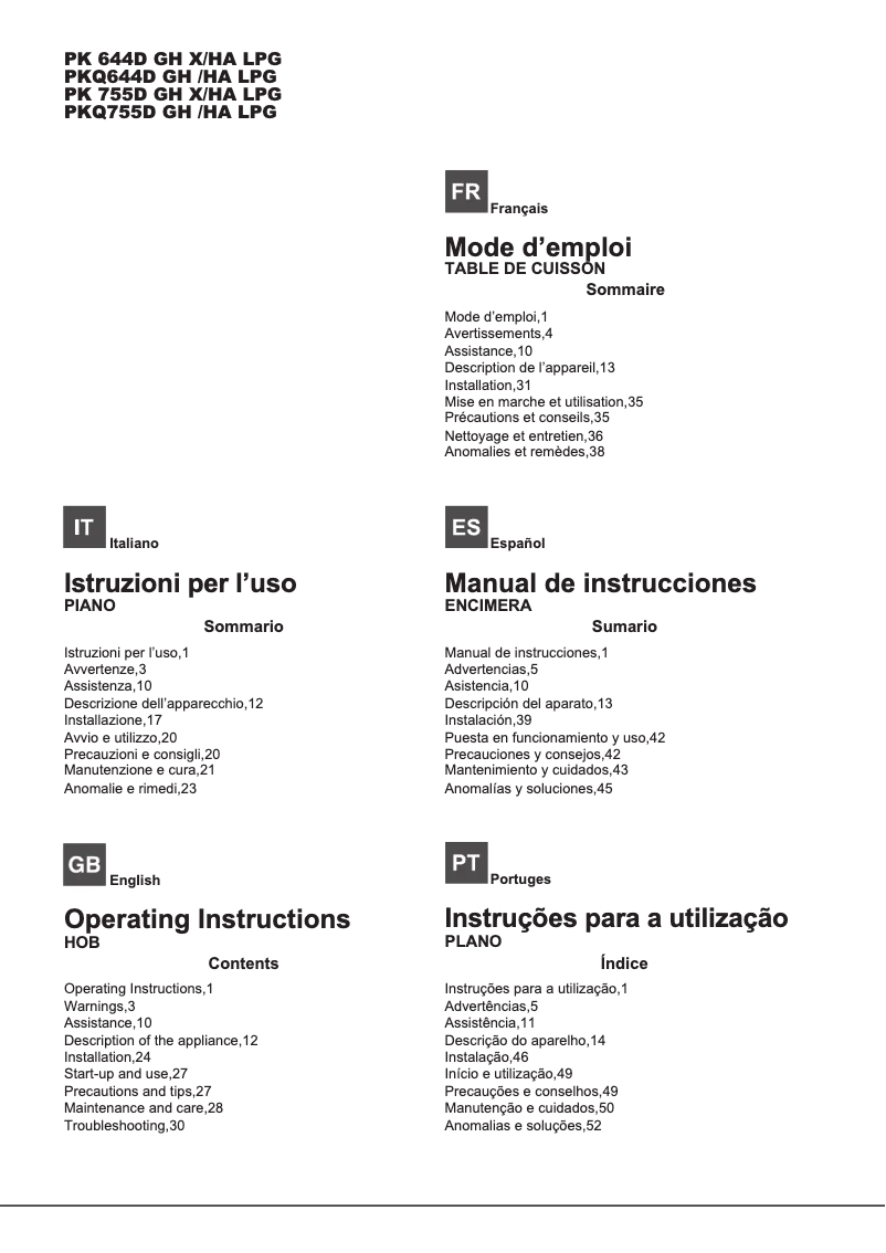 Page 1 de la notice Manuel utilisateur Hotpoint Ariston PKQ644D GH(K)/HA LPG