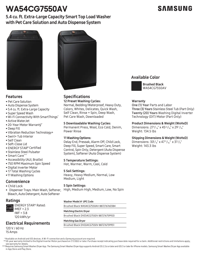 Página 1 del manual Ficha técnica Samsung WA54CG7550AV