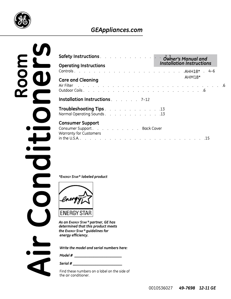 Página 1 del manual Manual de uso y mantenimiento GE AHH18DQ