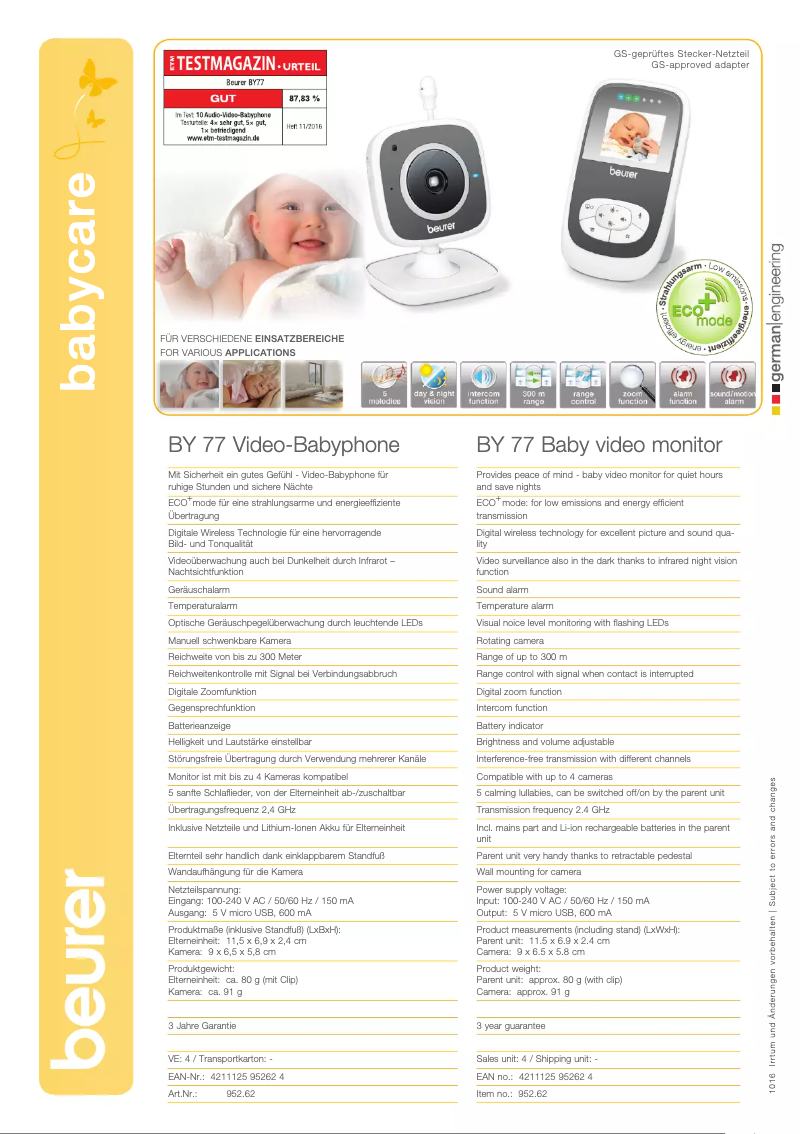 Page 1 of the manual Technical Sheet Beurer BY 77