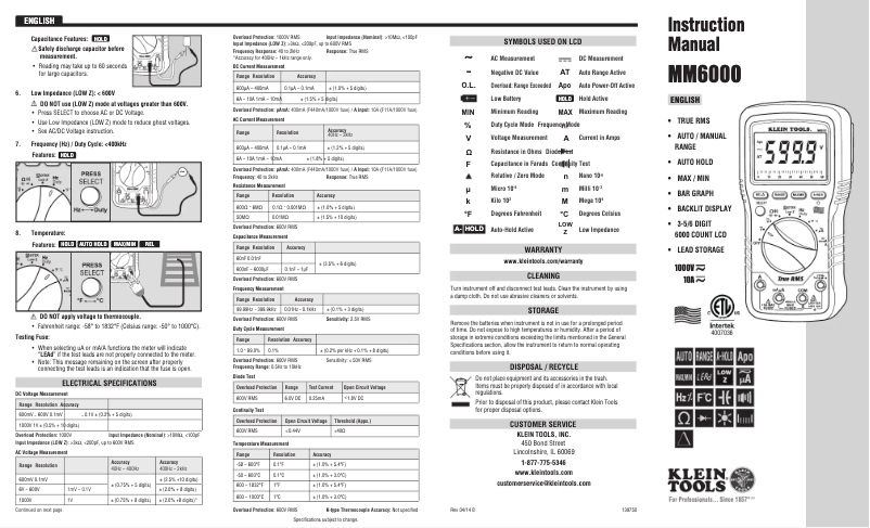 Página 1 del manual Manual de usuario Klein Tools MM6000