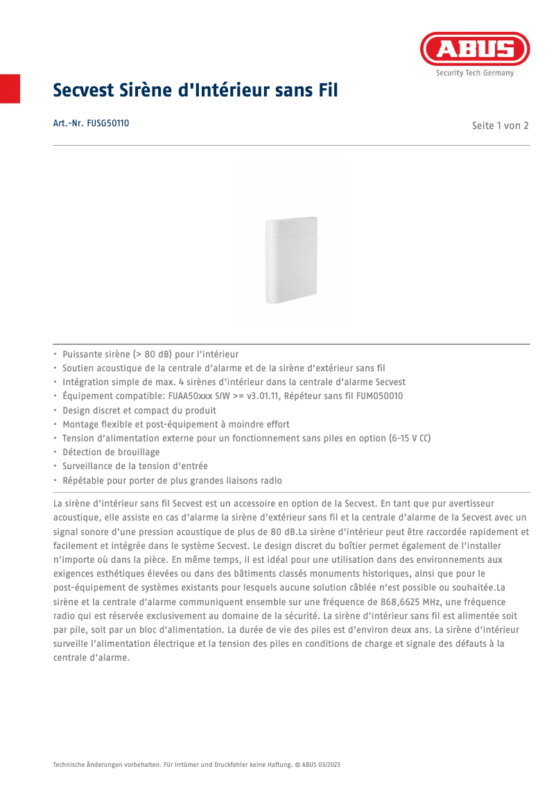 Page 1 de la notice Fiche technique Abus FUSG50110