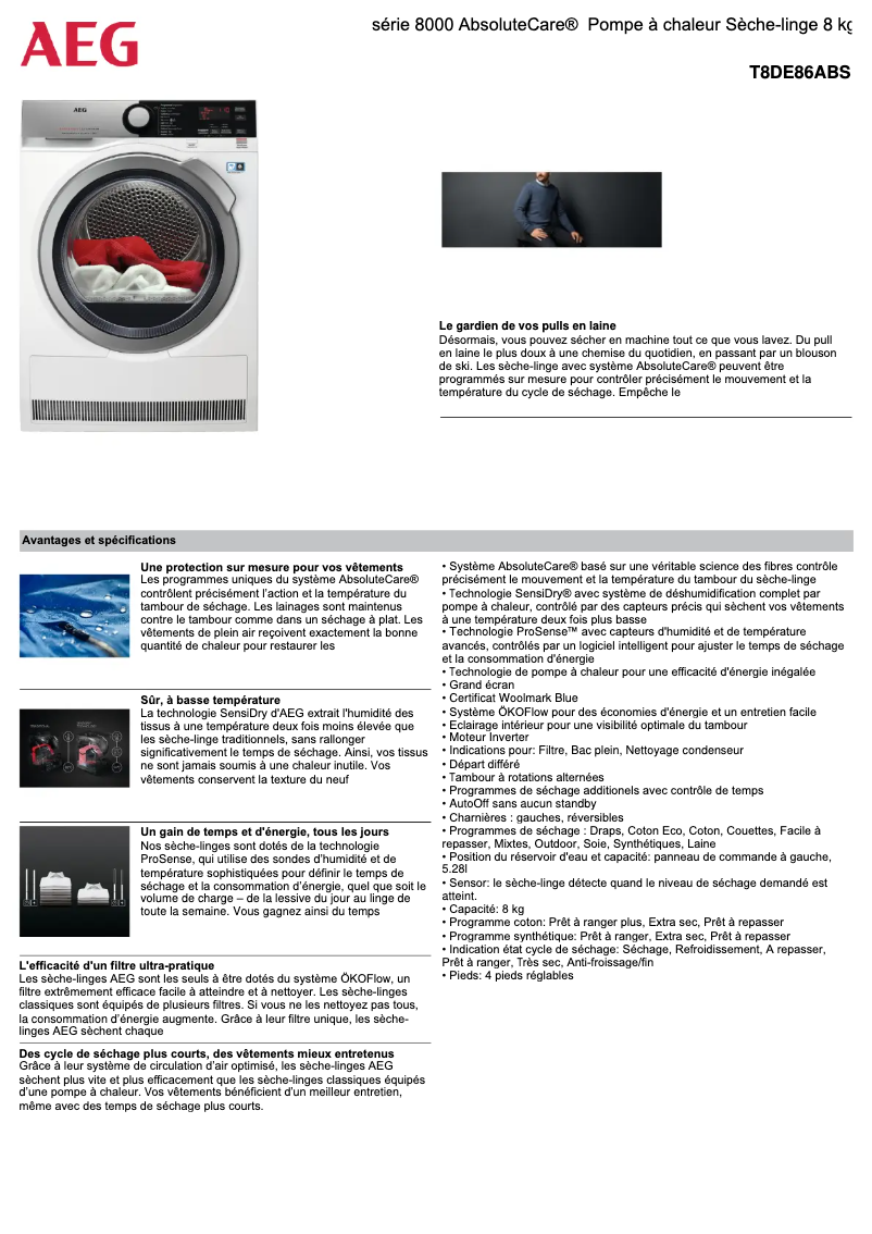 Página 1 del manual Ficha técnica AEG T8DE86ABS