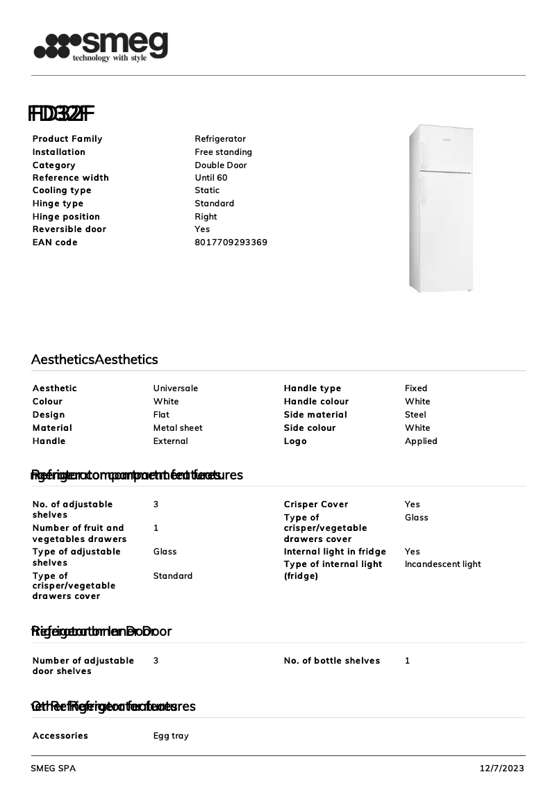 Page 1 de la notice Fiche technique Smeg FD32F