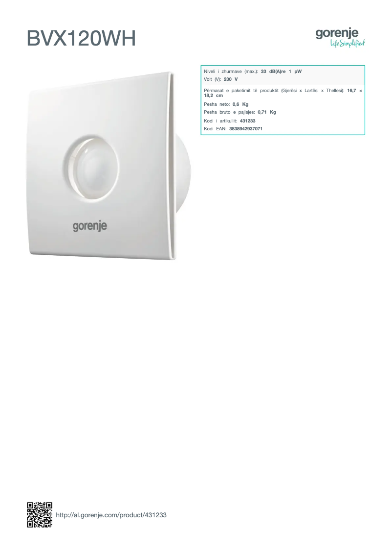 Page 1 de la notice Fiche technique Gorenje BVX120WH