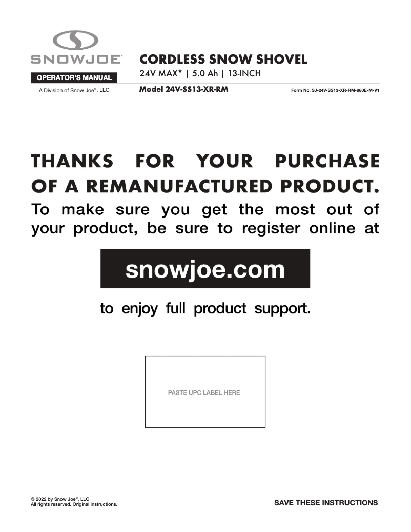 Page 1 de la notice Manuel utilisateur Snow Joe 24V-SS13-XR-RM