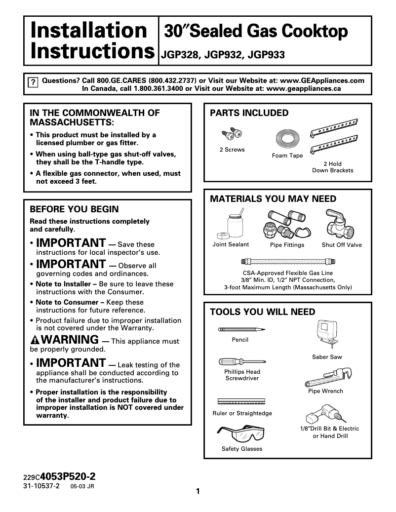 Page 1 of the manual Installation Guide GE Profile JGP933BECBB