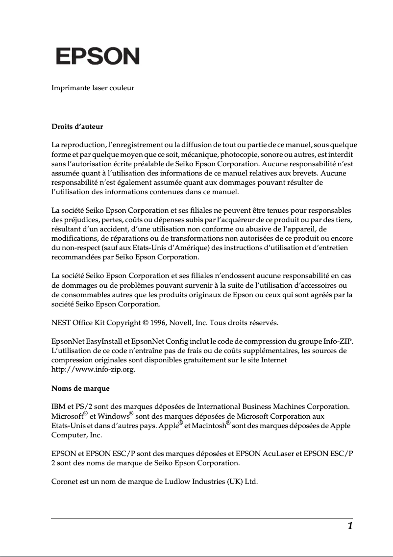 Page 1 de la notice Manuel utilisateur Epson AcuLaser C2600