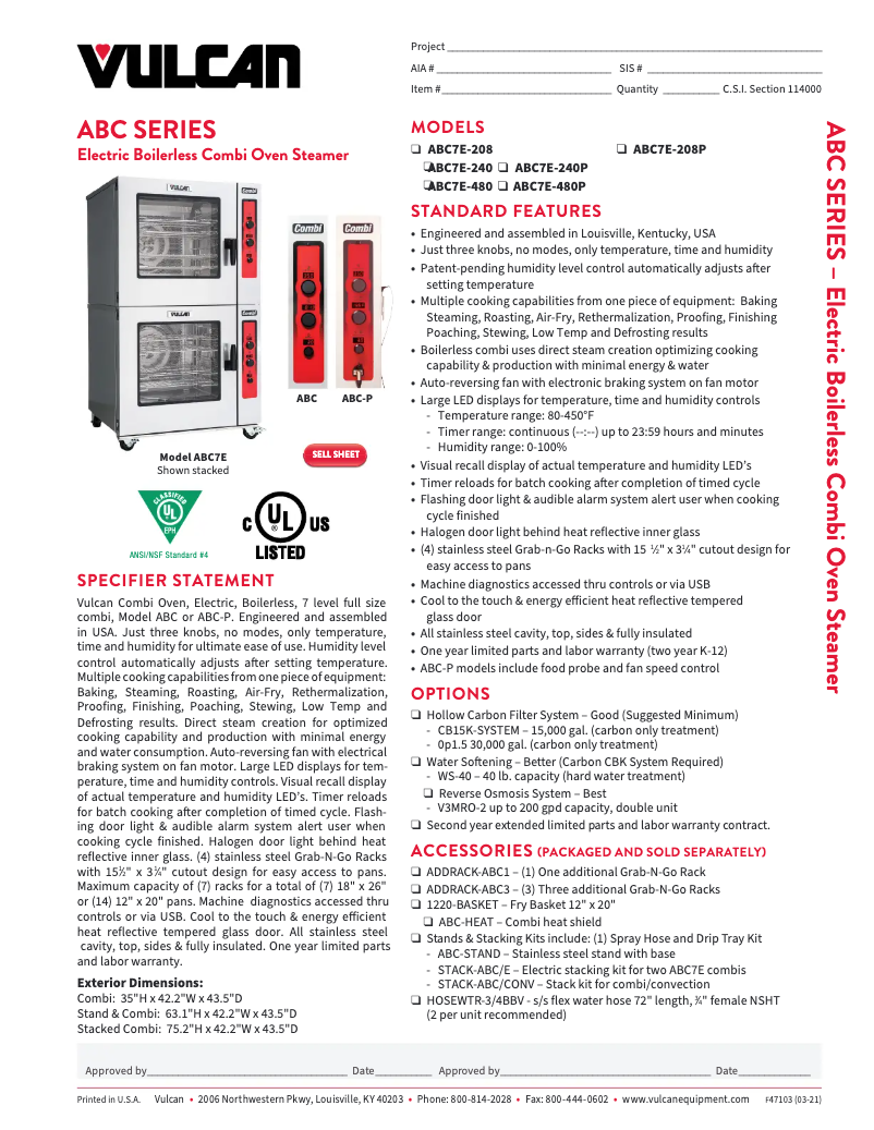 Page 1 de la notice Fiche technique Vulcan ABC7E-P