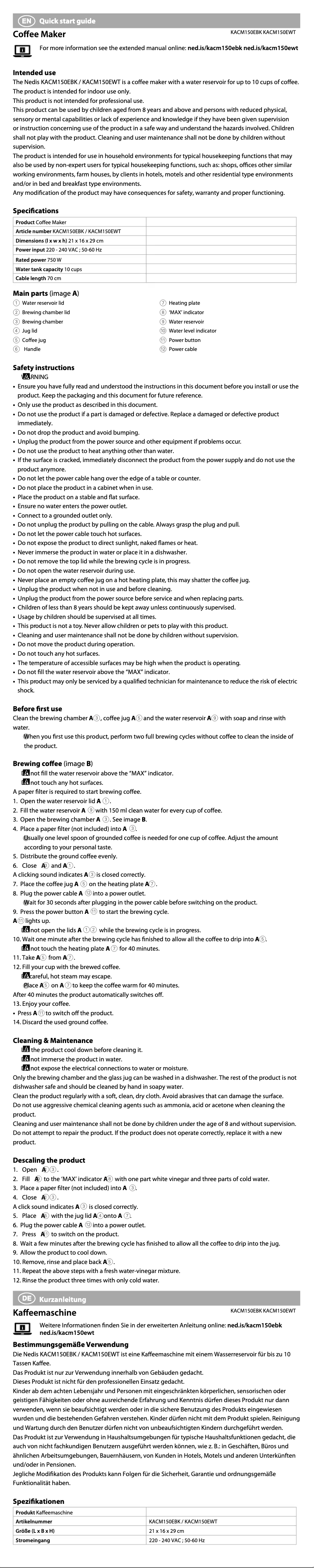 Page 1 de la notice Manuel utilisateur Nedis KACM150EBK