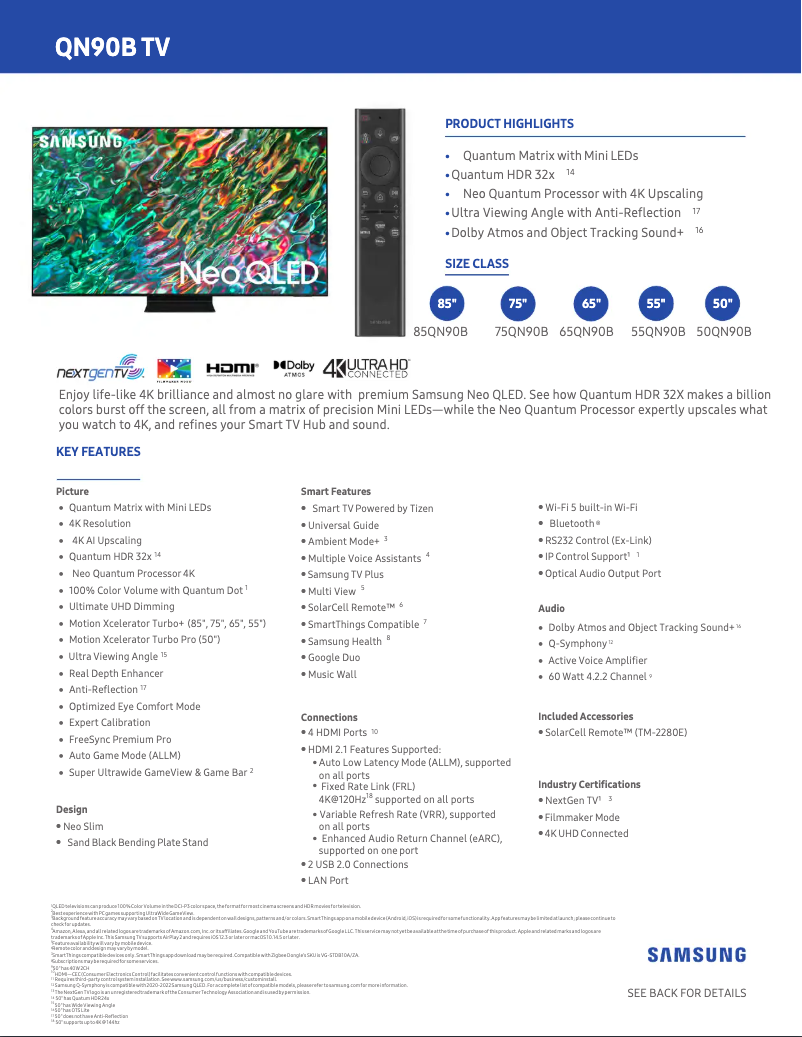 Página 1 del manual Ficha técnica Samsung QN65QN90B