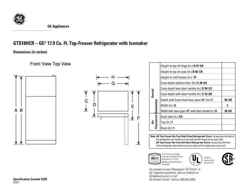 Page n°1 - Fiche technique GE GTS18HCRWW