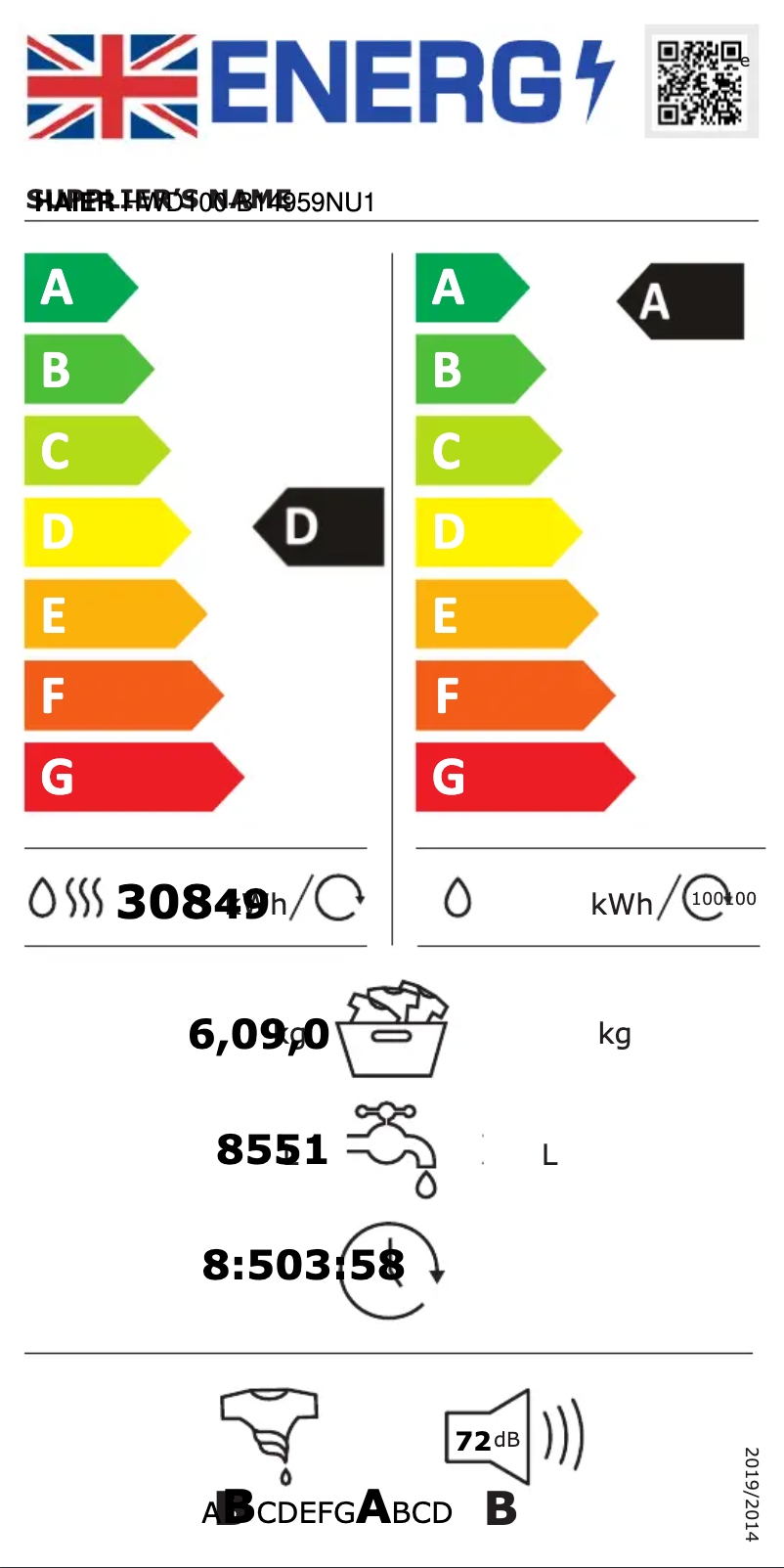 Página 1 del manual Etiqueta energética Haier HWD100-B14959NU1