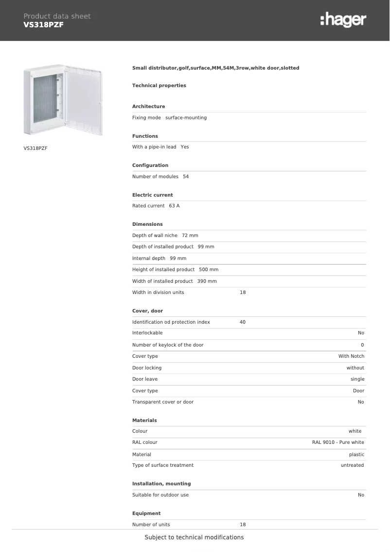 Page 1 de la notice Manuel utilisateur Hager VS318PZF