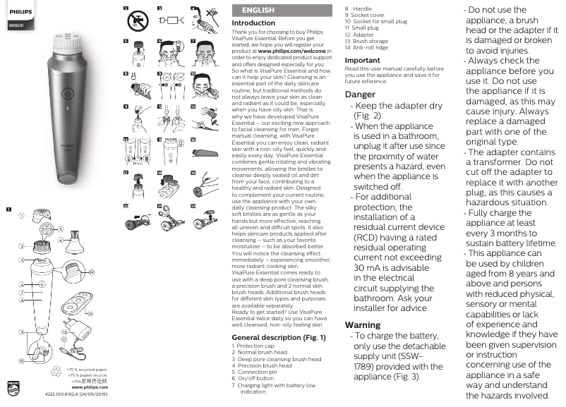Page 1 de la notice Manuel utilisateur Philips VisaPure MEN Essential MS5031