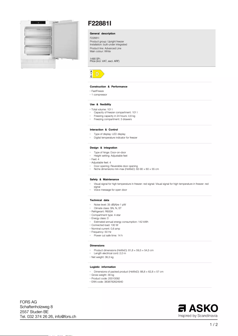 Page 1 de la notice Fiche technique Asko F22881I