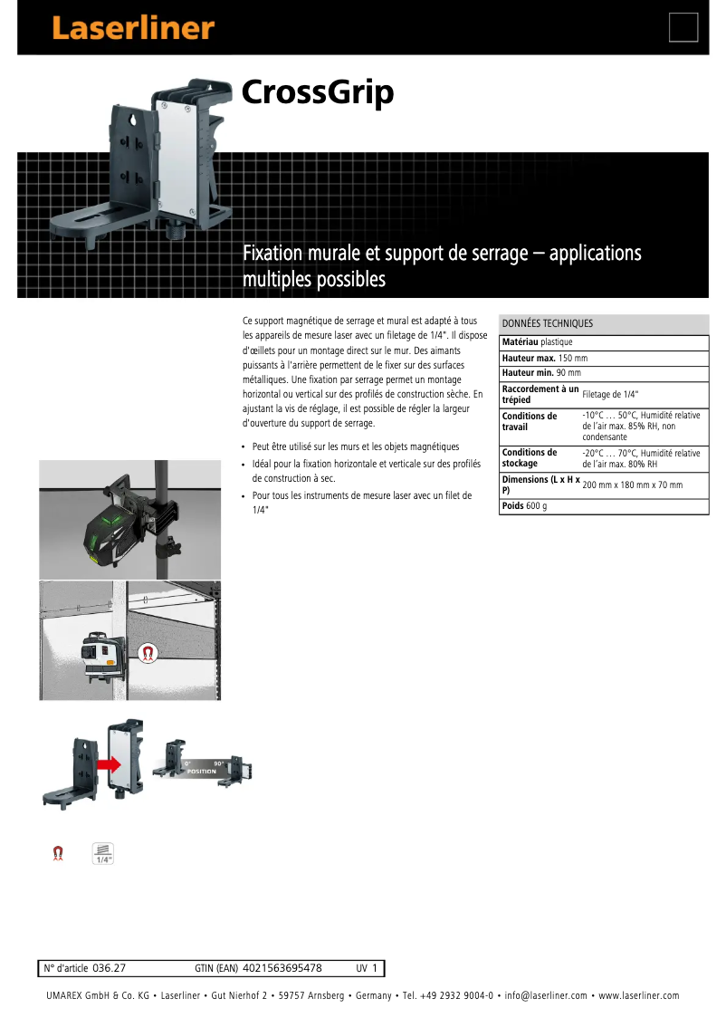 Page 1 de la notice Fiche technique Laserliner CrossGrip