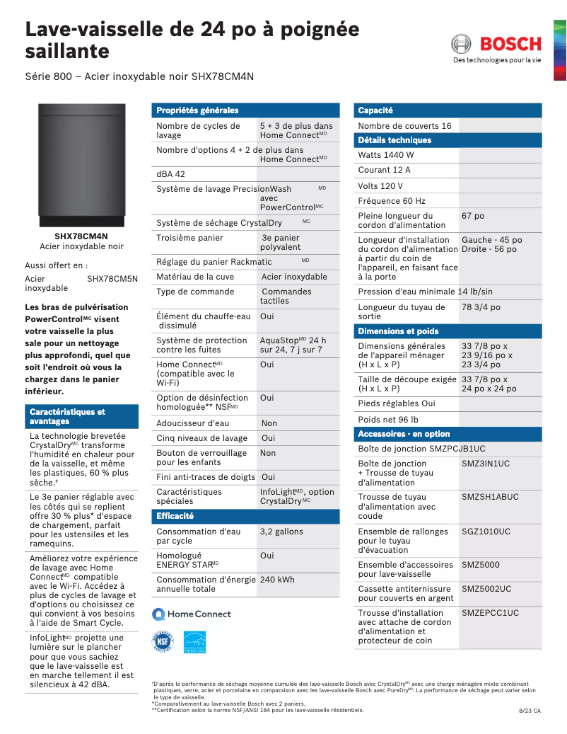 Page 1 de la notice Fiche technique Bosch SHX78CM4N