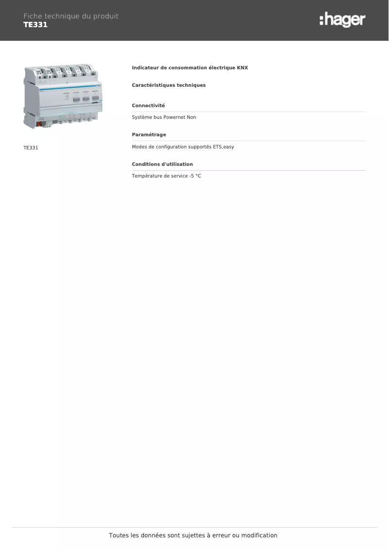 Page 1 de la notice Fiche technique Hager TE331