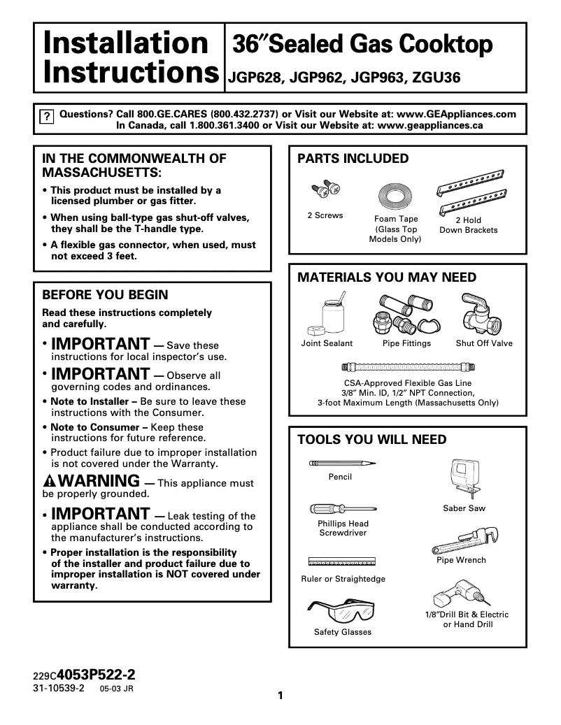 Page 1 of the manual Installation Guide GE Profile JGP963SEJSS