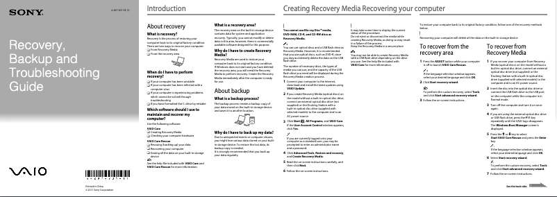 Page 1 de la notice Manuel utilisateur Sony Vaio VPCEG35EA