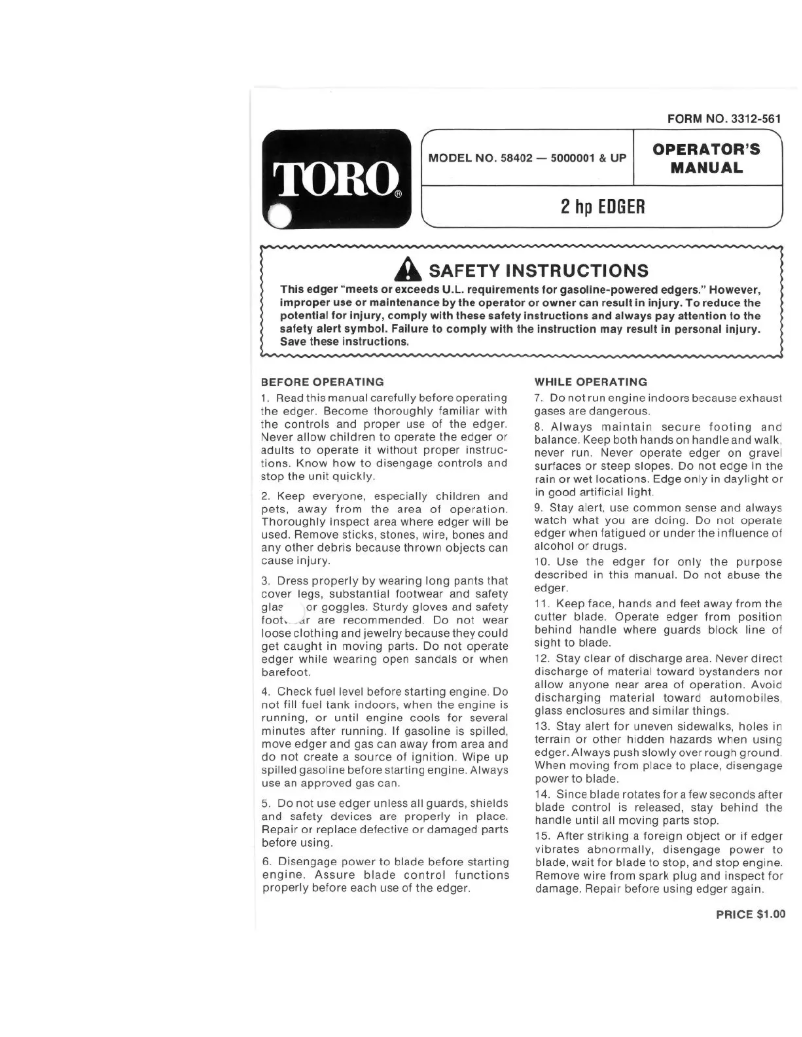 Page 1 de la notice Manuel utilisateur Toro 58402