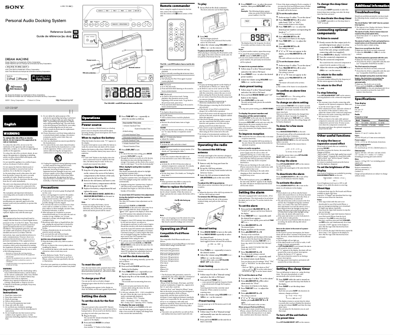 Page 1 de la notice Manuel utilisateur Sony ICF-CS15iP