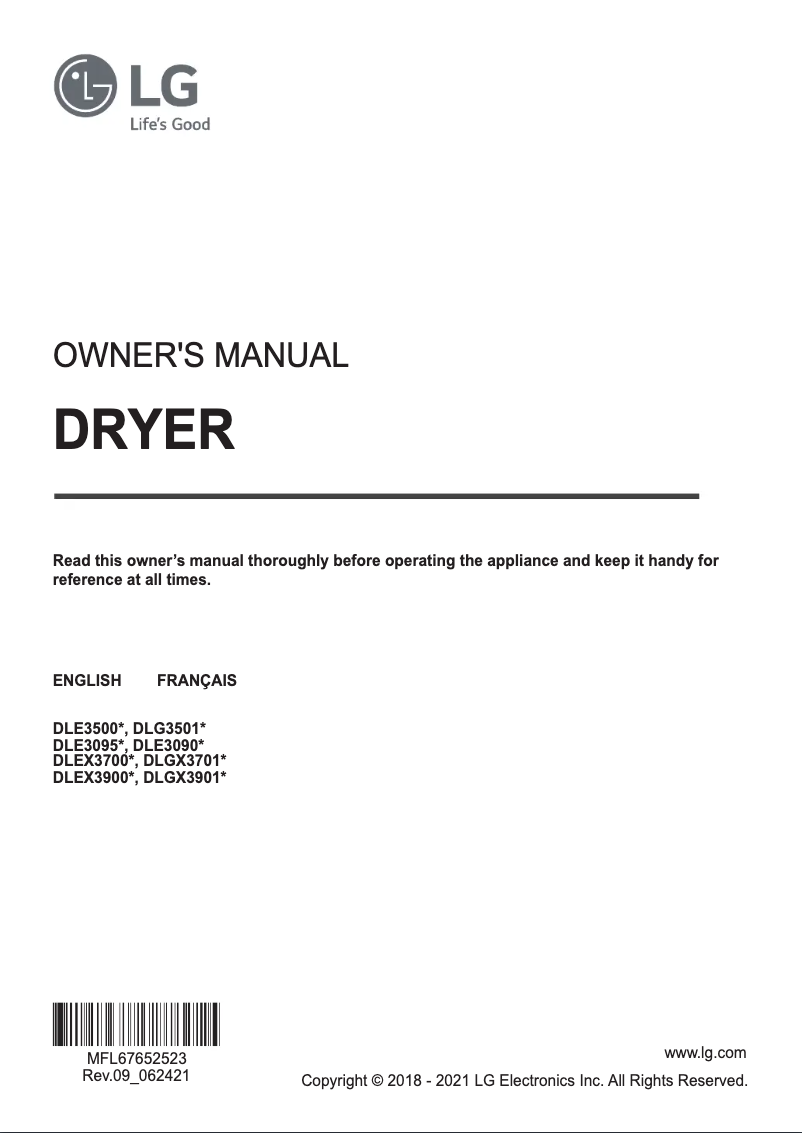 Page 1 de la notice Manuel utilisateur LG DLE3090W