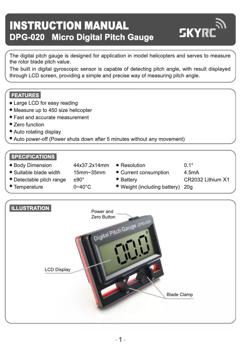 Page 1 de la notice Manuel utilisateur SkyRC DPG-020