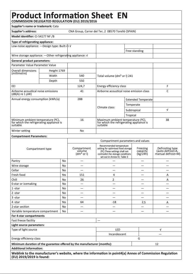 Page 1 de la notice Manuel utilisateur CATA CI 54177