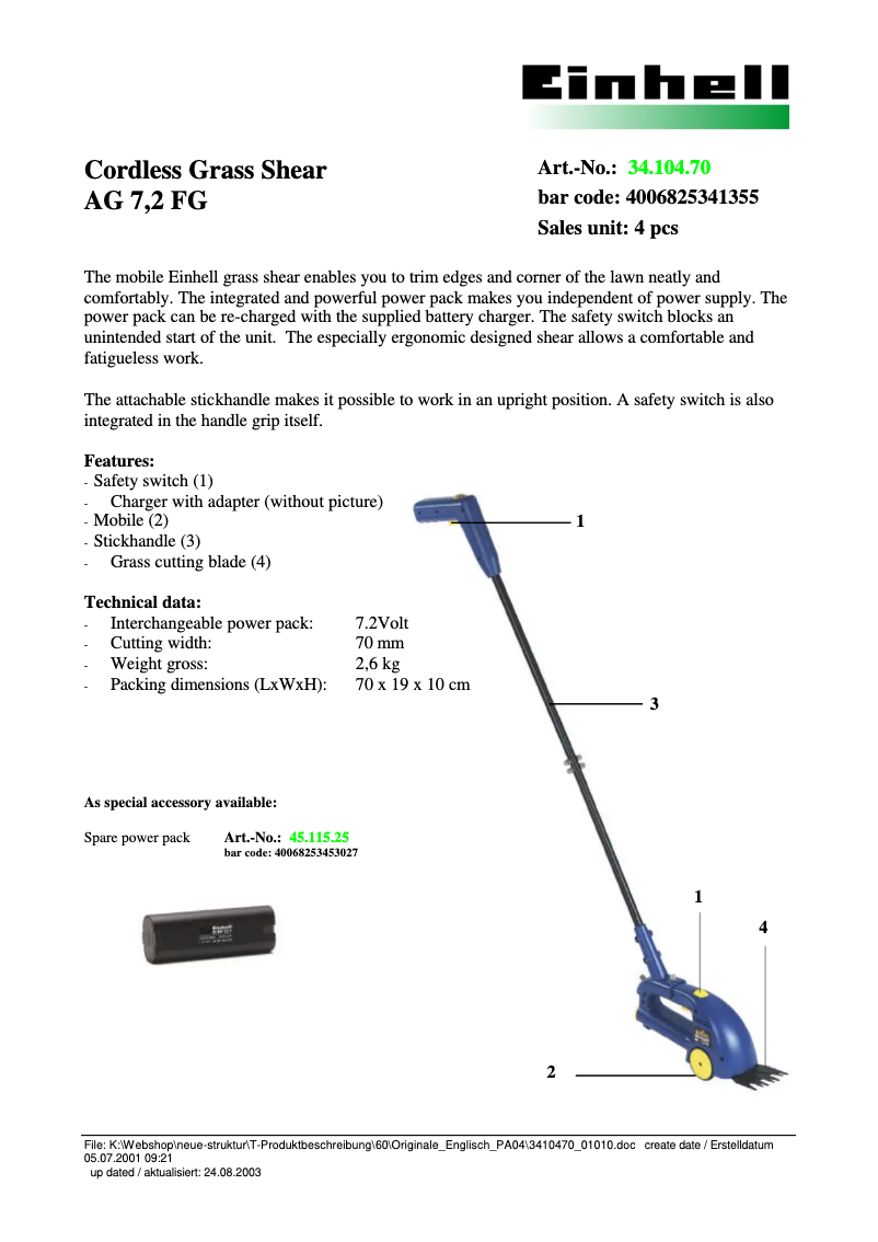 Page 1 of the manual Technical Sheet Einhell AG 7,2 FG