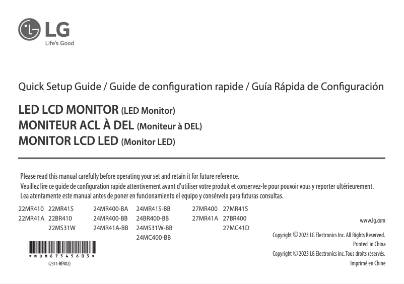 Page 1 de la notice Guide de démarrage rapide LG 27MR400