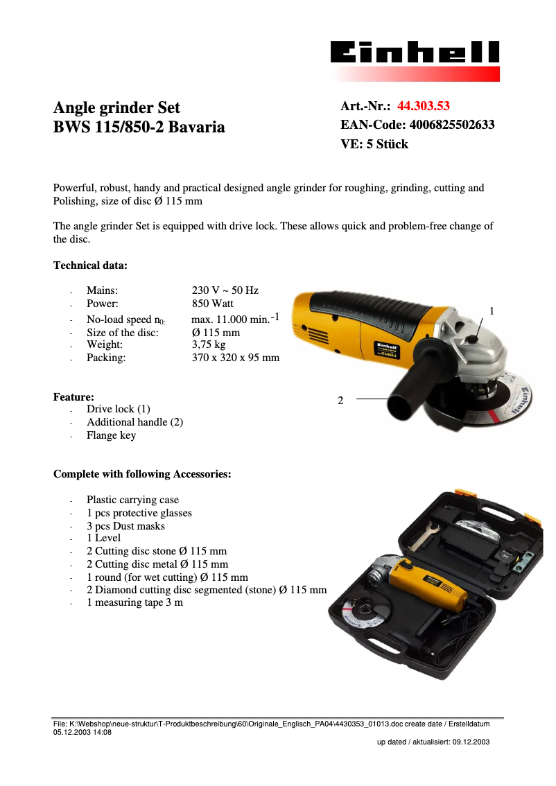 Page 1 de la notice Fiche technique Bavaria by Einhell BWS 115/850-2