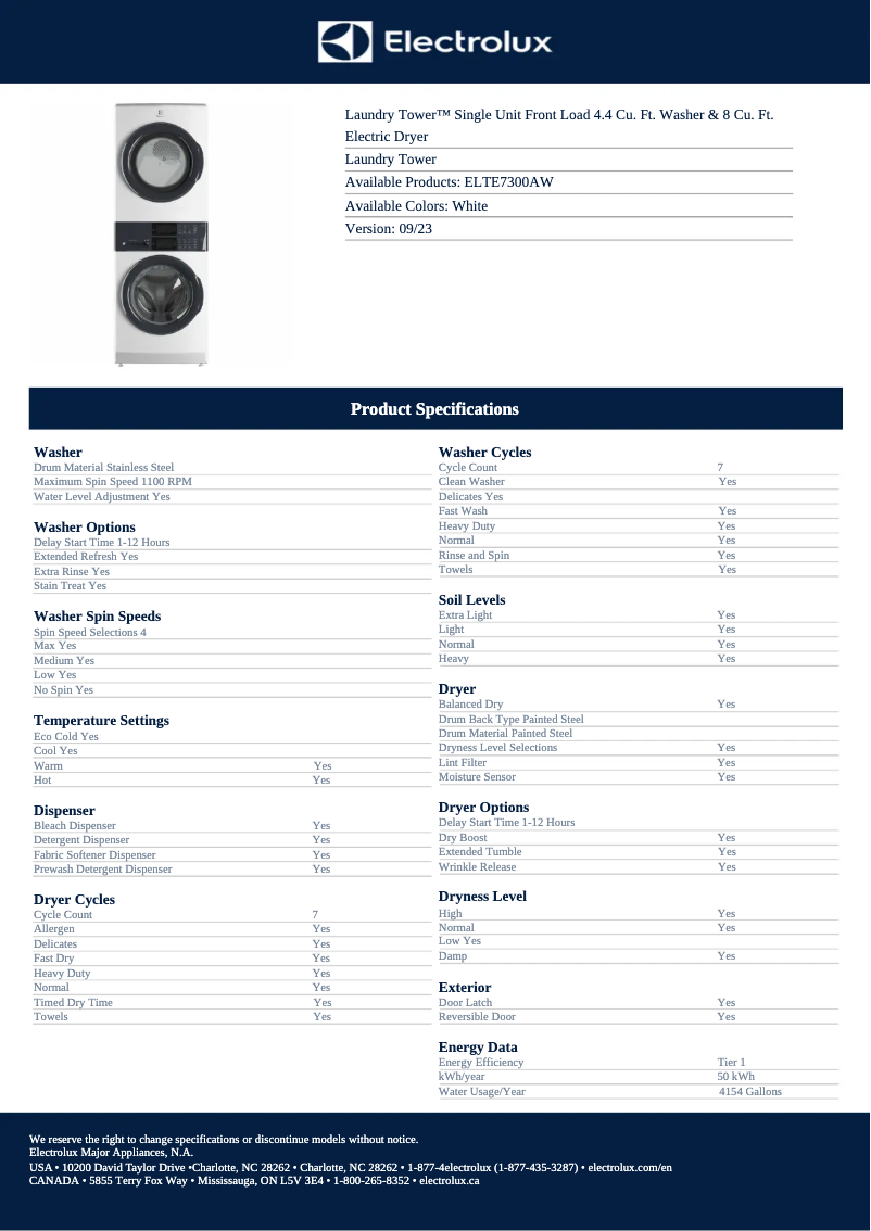 Página 1 del manual Ficha técnica Electrolux ELTE7300AW