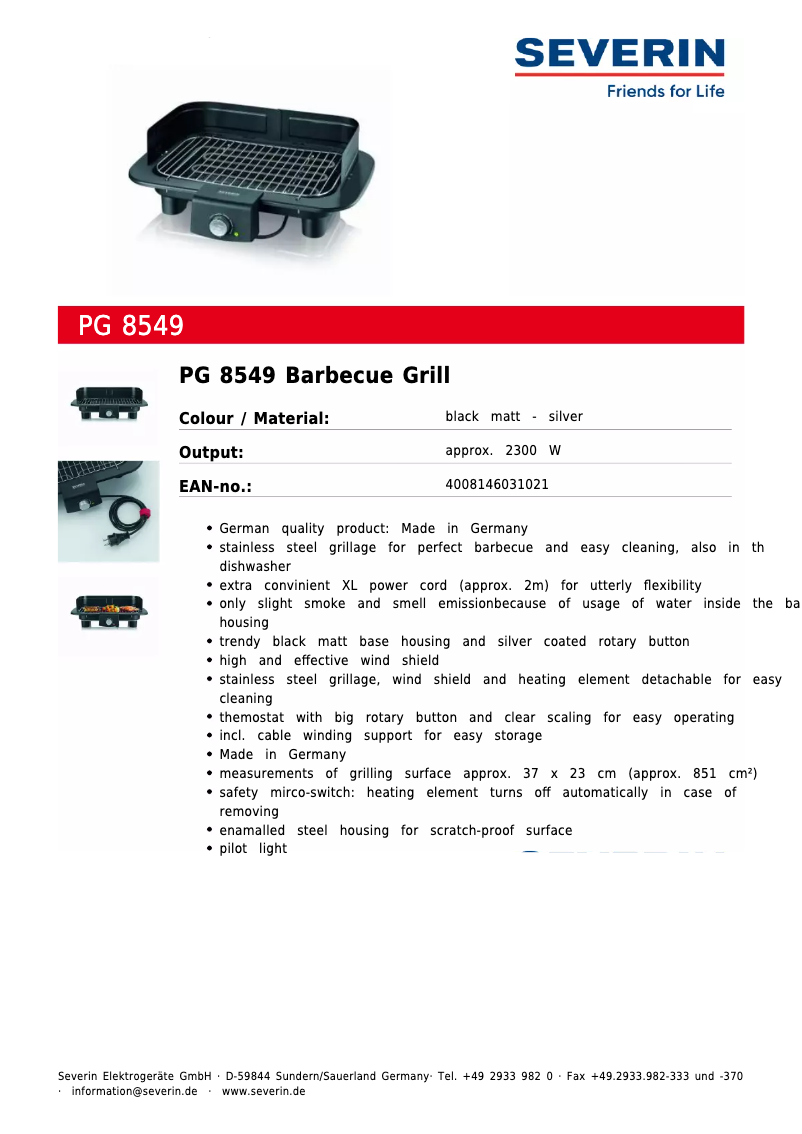 Page 1 de la notice Fiche technique Severin PG 8549