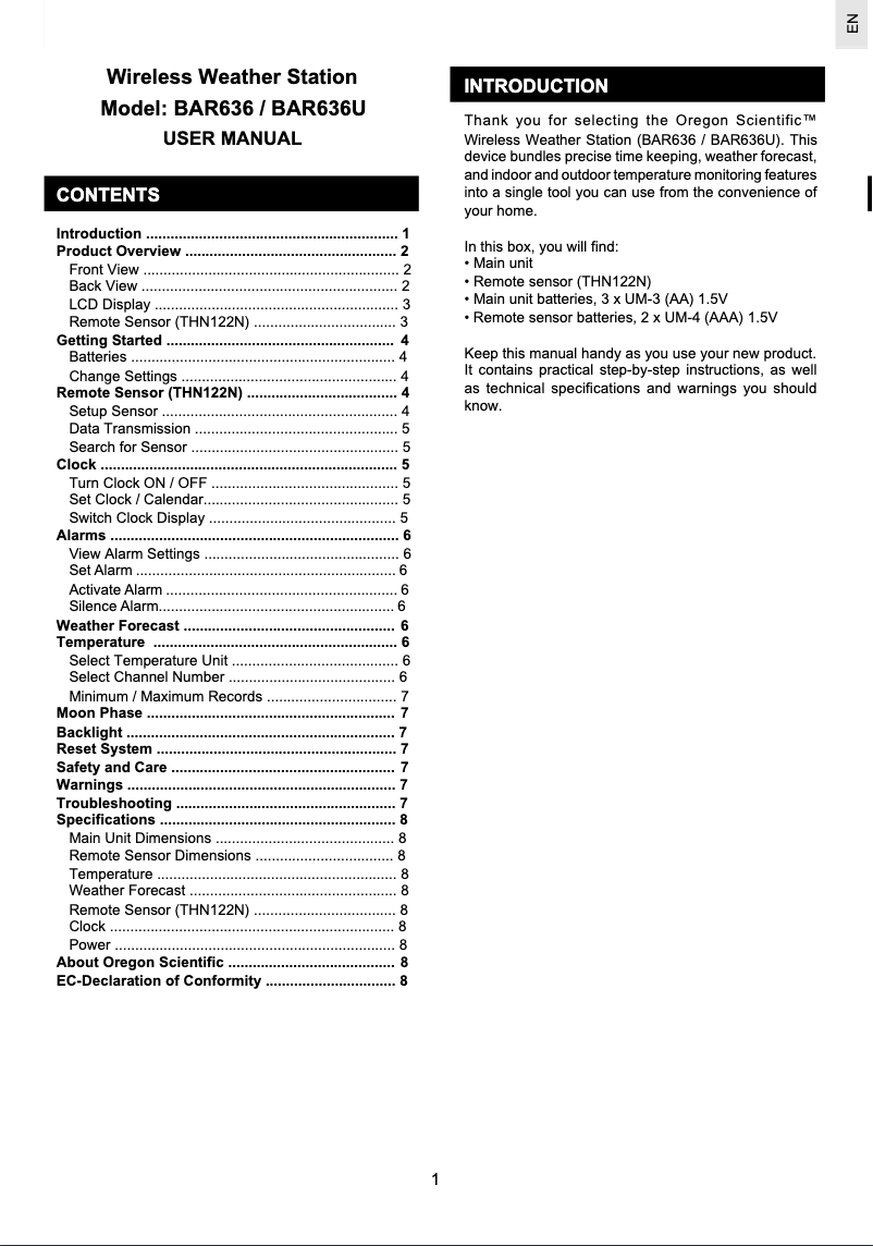 Page 1 de la notice Manuel utilisateur Oregon Scientific BAR 636