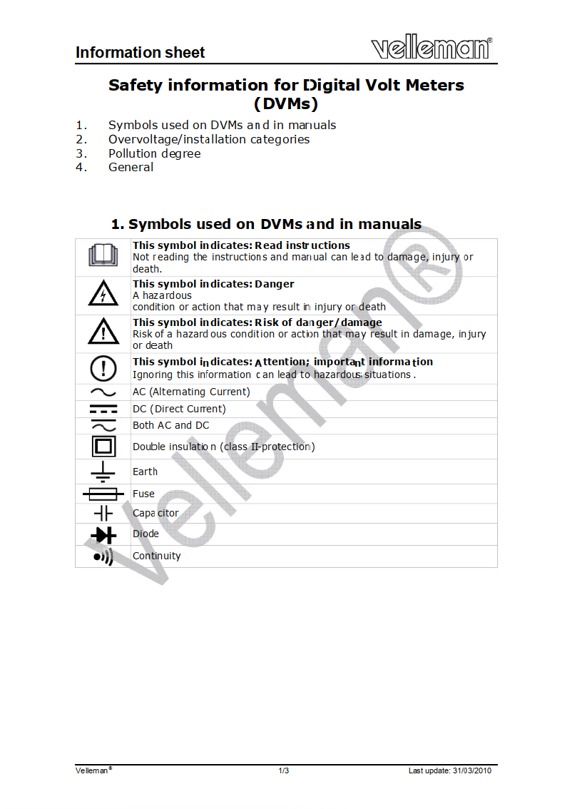 Page 1 de la notice Instructions de sécurité Velleman DVM854