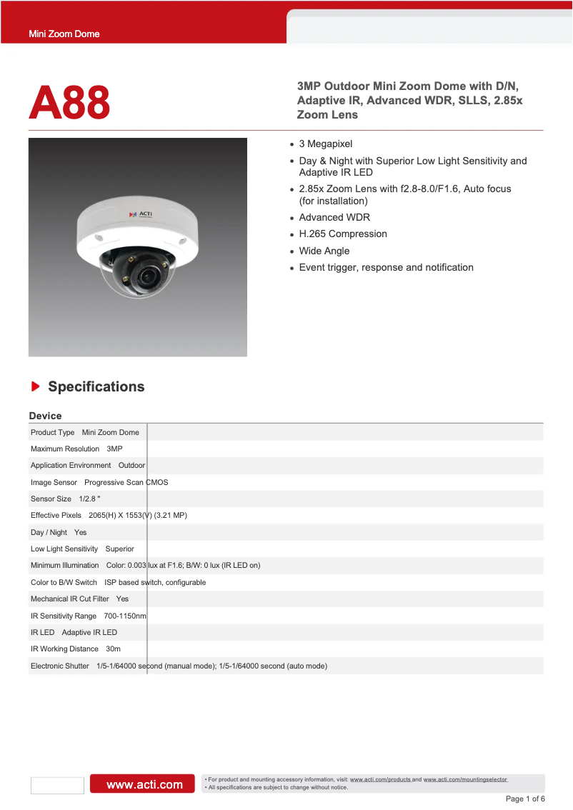 Page 1 de la notice Fiche technique ACTi A88