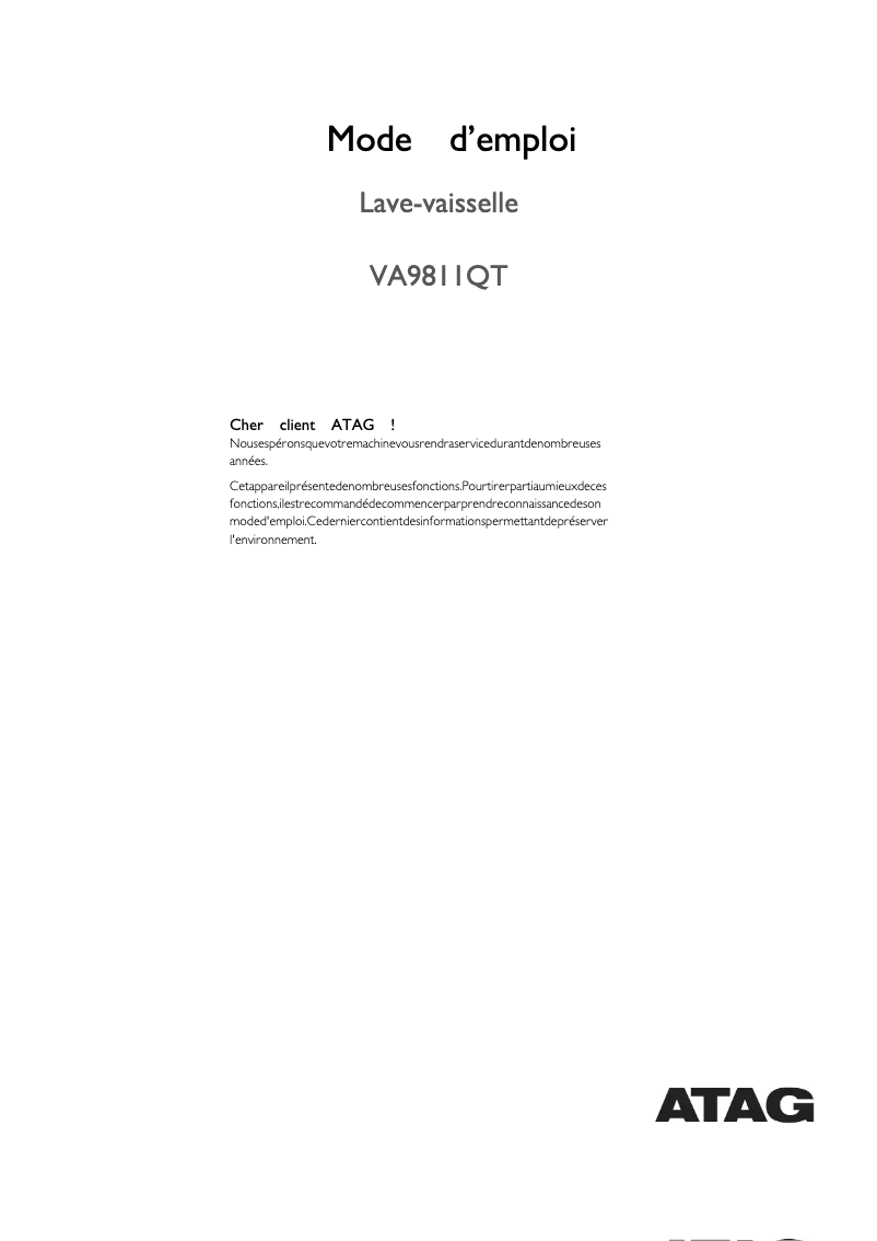 Page 1 de la notice Manuel utilisateur Atag VA9811QT