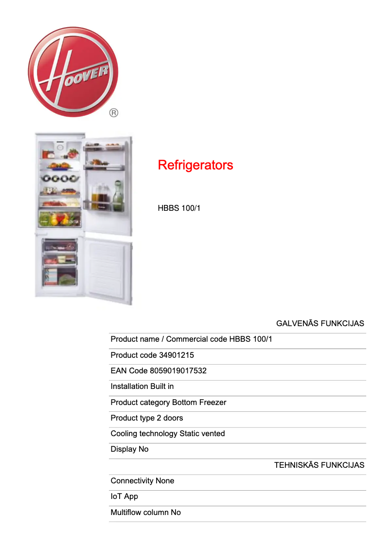 Página 1 del manual Ficha técnica Hoover HBBS 100/1