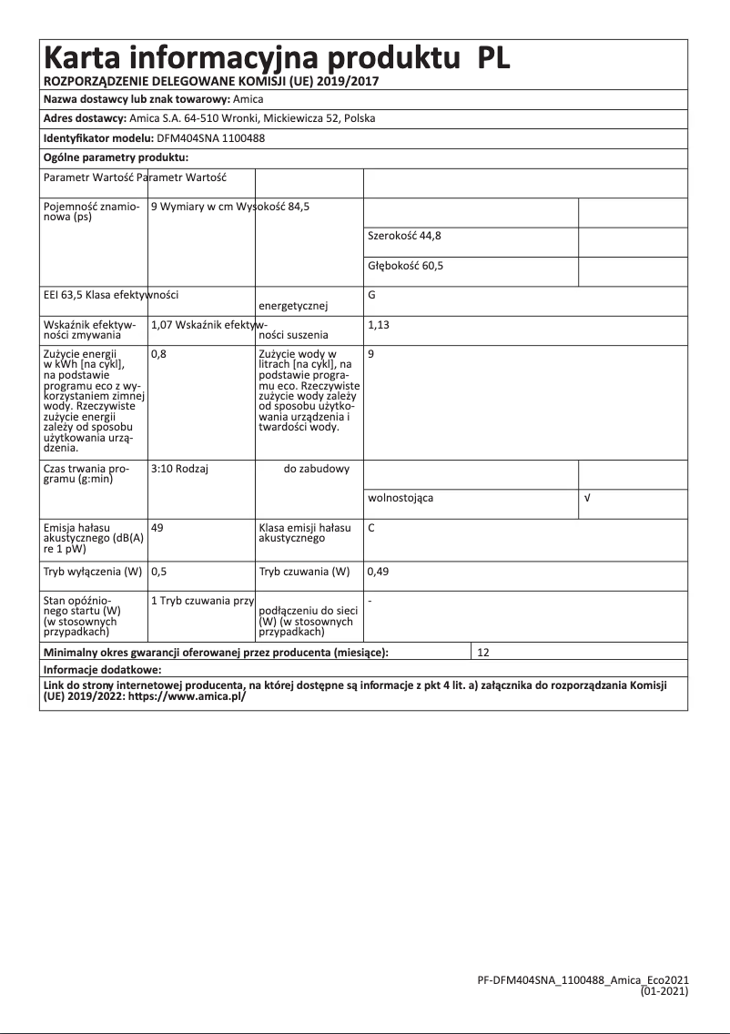 Page 1 de la notice Manuel utilisateur Amica DFM404SNA