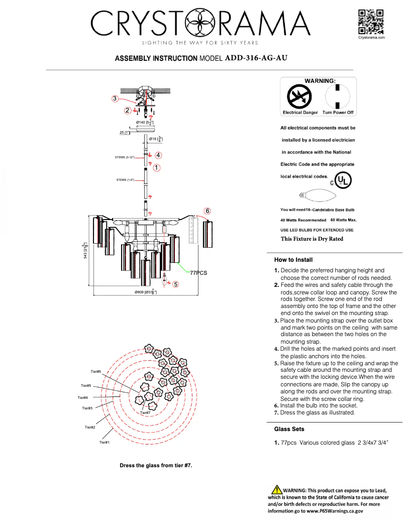 Page 1 de la notice Manuel utilisateur Crystorama Addis ADD-316-AG-AU