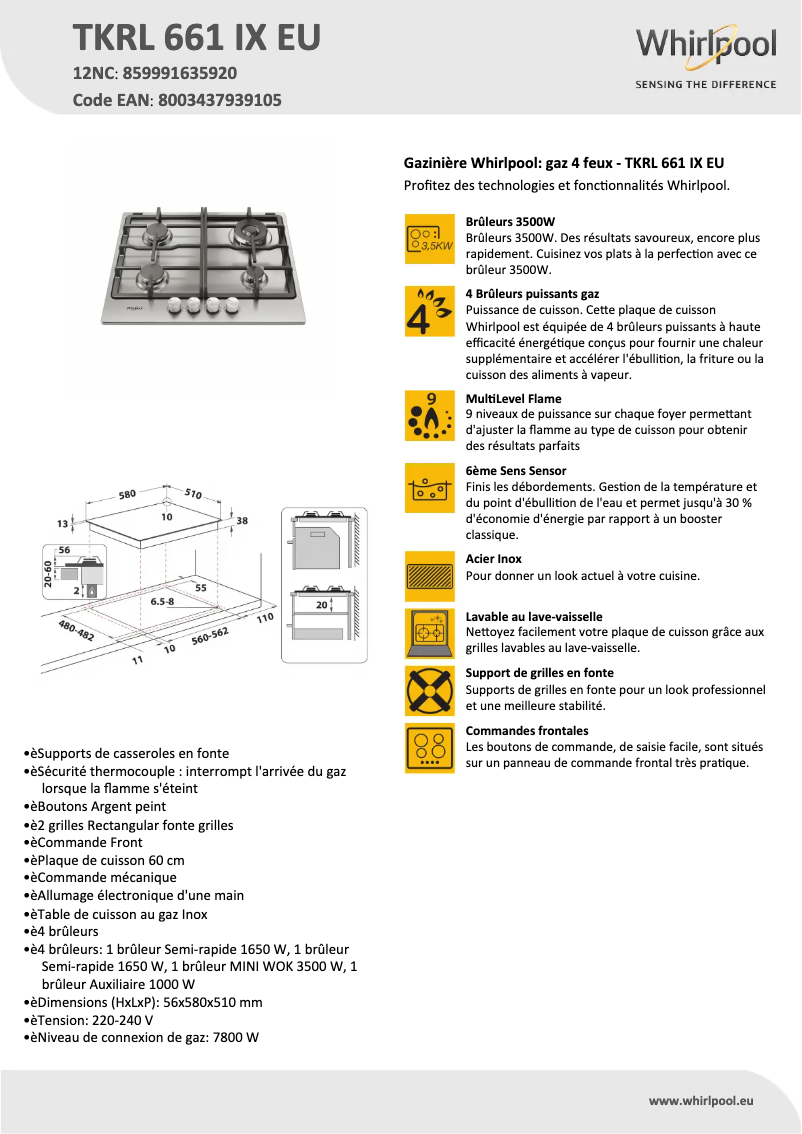 Página 1 del manual Ficha técnica Whirlpool TKRL 661 IX
