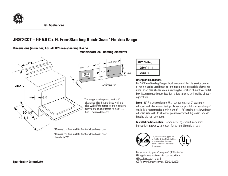 Página 1 del manual Ficha técnica GE JBS03CCT